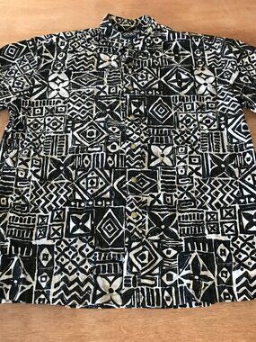 Ono Hawaiian Shirt Men L Black Geometric Tribal Button Up Pocket Short Sleeve